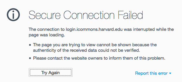 Secure Connection Failure message screen in Firefox 37 when accessing Harvard LMS 